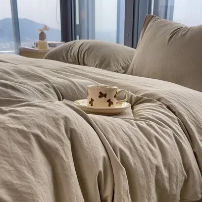 Washed Cotton Bedding Set,Bed Sheet Set, Linen Feel, Super Soft, Comfortable, 4-Piece Duvet Cover Set, Durable and Easy Care