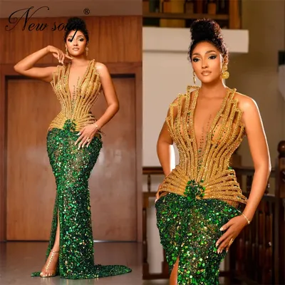 African Gold & Green Beaded Evening Dresses Aso Ebi Sequins Mermaid Split Side Formal Party Dress Engagement Dress Customized