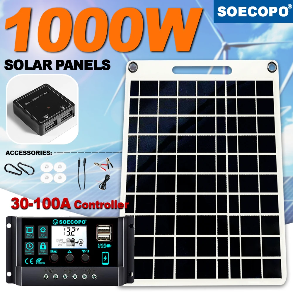 1000-W-Solarpanel-Kit mit 100 A Smart Controller, tragbarem Mono für Zuhause, Wohnmobil, Camping, inklusive Haken, Kabel und Krokodilklemmen Image
