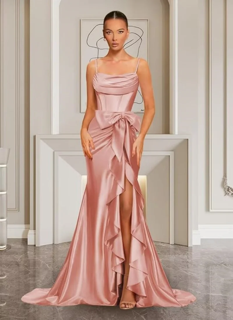 Spaghettiträger, Satin-Abschlussballkleider für Damen, Meerjungfrau-Abendkleid, schulterfreies Cocktailkleid mit Schleife, Gastkleid Image