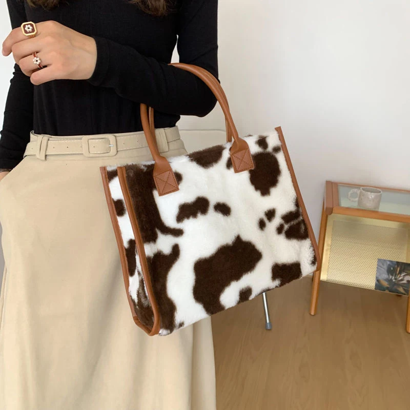 Sacs à main et bourse en fausse fourrure de vache pour femmes, fourre-tout de styliste en peluche douce, sacs à bandoulière d