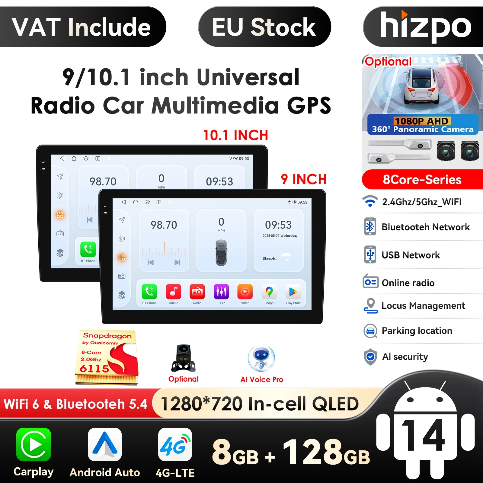 Hizpo 9 "pollici Android 14 Doppio 2 DIN Autoradio Stereo Lettore multimediale GPS Navi Wifi EU-Maps USB DVR Camera-AHD Carplay Audio