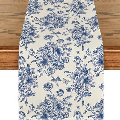 TEMU Navy Blue Floral Chinoiserie Table Runner - Rectangular, Woven Polyester, Spring And Summer Dining Decor, Seasonal, Kitchen, Home Party Decor