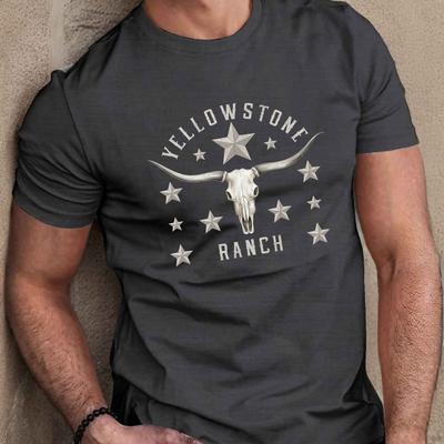 TEMU Bull Skull Graphic Tee - Men's Casual Short Sleeve T-shirt, Breathable Polyester, Summer Wear Image