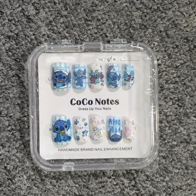 TEMU A Set Of 10 Handmade Themed Nail Stickers Featuring 's Stitch, Cartoon Nail Art, Glossy Fake Nails Kit, Suitable For Women And Girls, Reusable Plastic Fake Nails, Parties And Everyday Use. Image