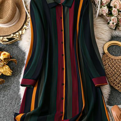 TEMU Vintage Striped Button-up Shirt Dress - Long Sleeve, Collared, Polyester Blend, Machine Washable, Dark Green/brown/orange/beige Stripes, Casual To Chic, Spring/fall Wear For Women