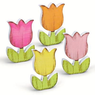 TEMU Set Of 4 Vintage Tulip Wooden Signs For Rustic Farmhouse Decor, Spring Tulip Centerpiece For Tables, Multi-colored Floral Blocks For Home Decoration