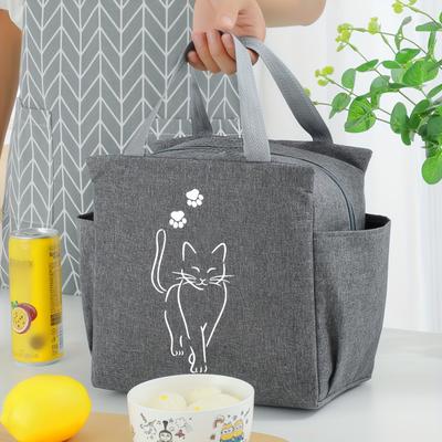 TEMU Chic Striped Cat Print Insulated With Aluminum Foil Lining - Zip Closure, Machine Washable - Work & Travel Image