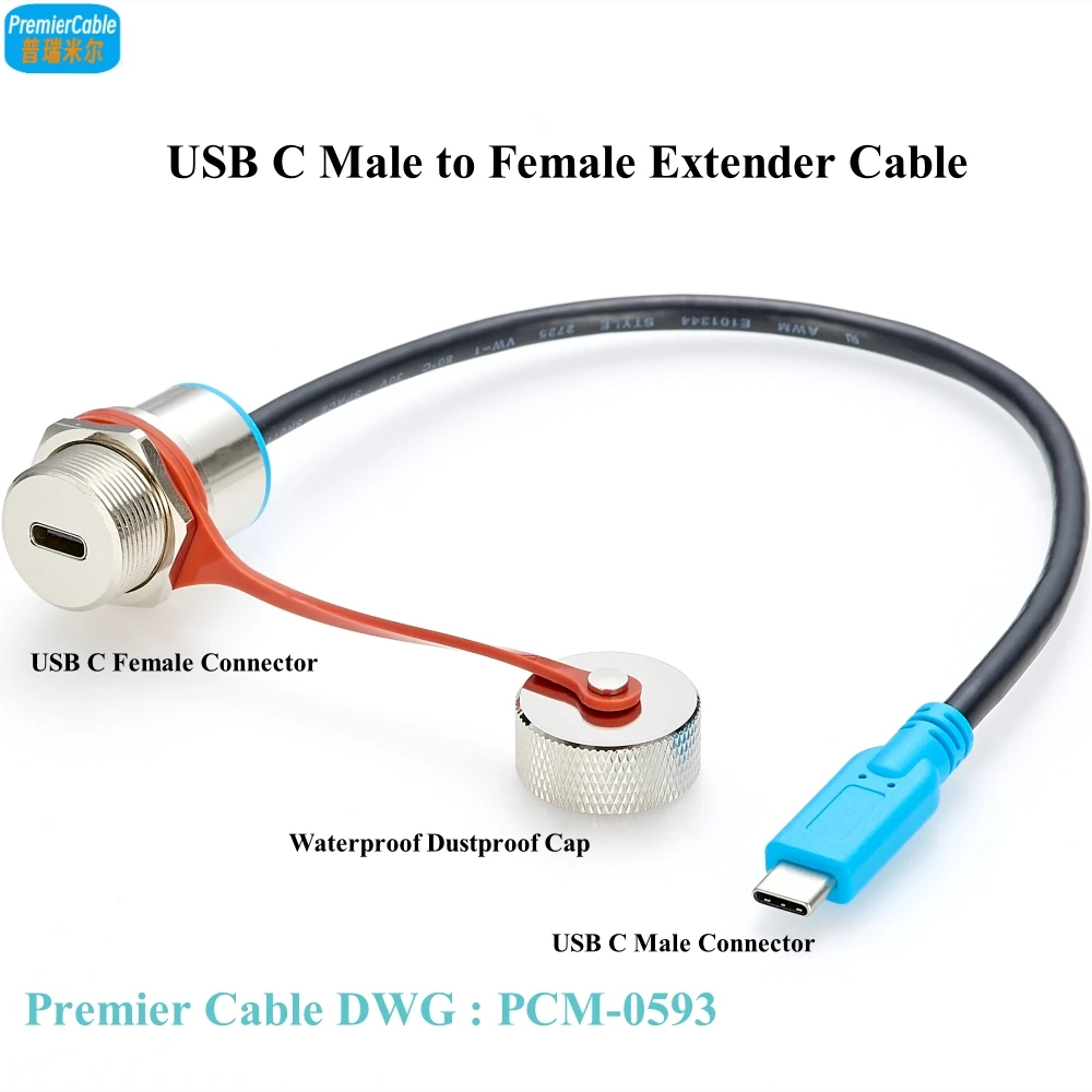 Robustes, wasserdichtes USB-C-Stecker auf Buchse, Verlängerungskabel, IP67, Typ C, metallversiegeltes Kabel, Outdoor-Panel-Mount-Passkabel mit Kappe Image