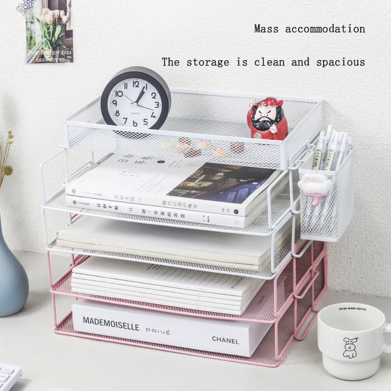 Schreibtisch-Organizer – Stapelbare Papierablage, 4-lagiger rosa Schreibtisch-Organizer, 5 Tabletts aus Metallpapier, geeignet für den Schreibtisch, Akten-Organizer