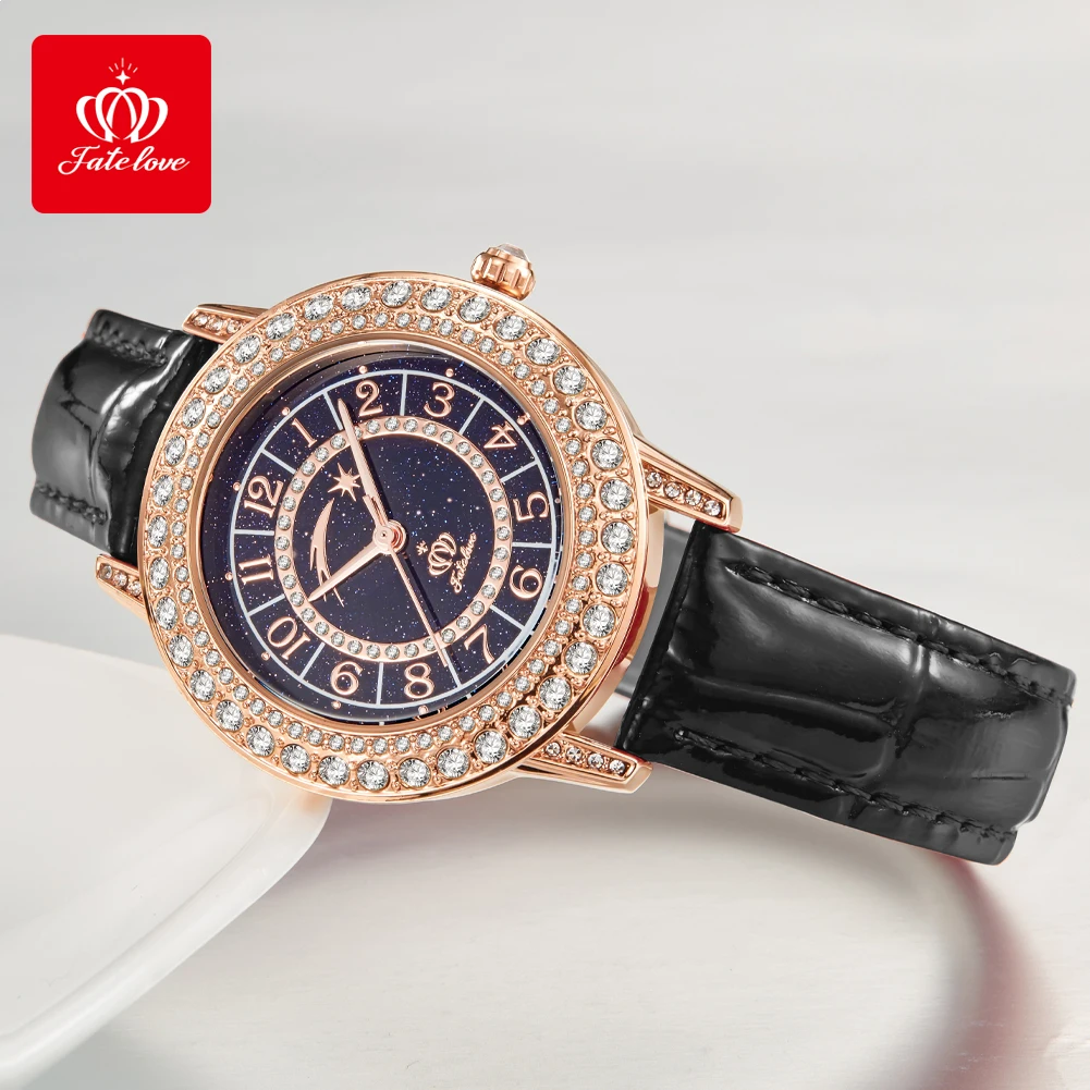 Fatelove 827 Damen uhren elegante Mode Quarzuhr für Damen wasserdichte leuchtende Diamant Lünette Leder armband Sternen zifferblatt Image
