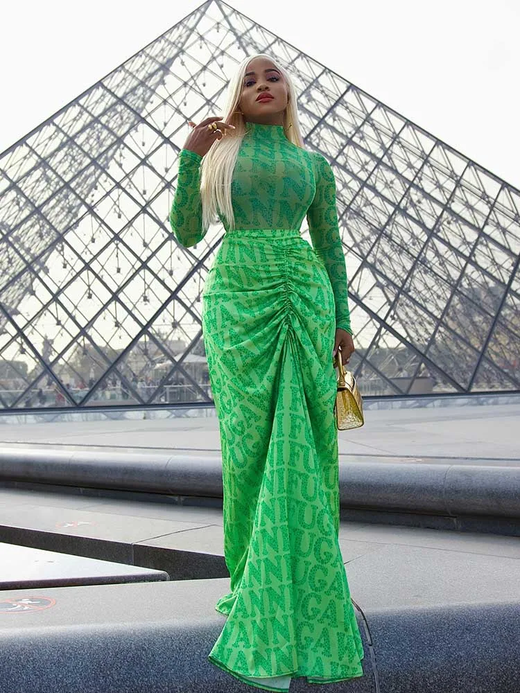 Elegante Frau Kleid Frühling Hohe Taille Abend Grün Kleid Outfit Schlank Anliegende Sexy Lange Kleid Ärmeln Großhandel Dropshipping