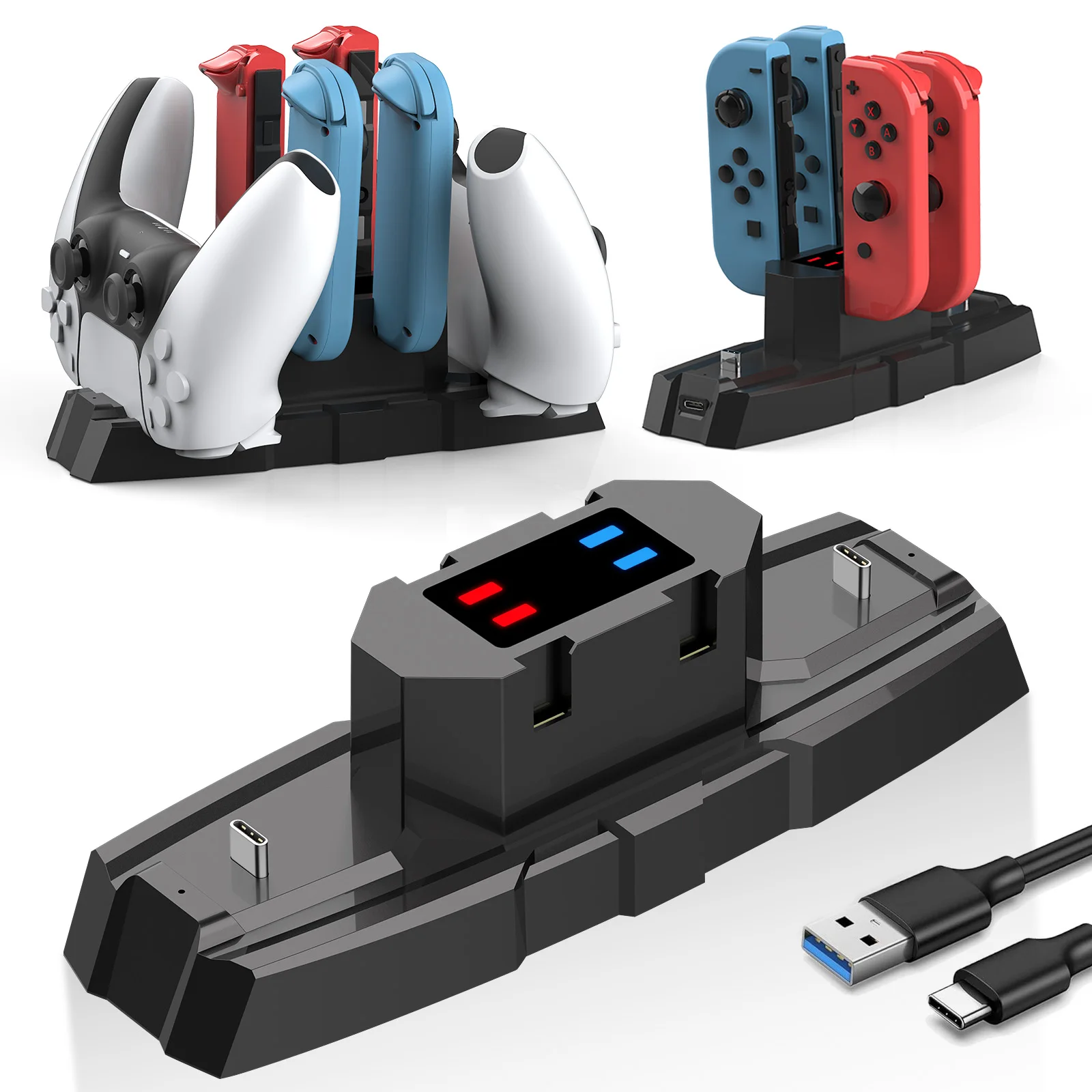 6-in-1 Charging Dock for Nintendo Switch, PS5 & Xbox Controllers – Charges Joy-Con, Pro, DualSense & Xbox Controllers, with Fast