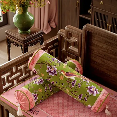 Samt-Zylinderkissen, neuer chinesischer Stil, dekorative Nackenkissen für Bett, Couch, Blumenvogel, Image