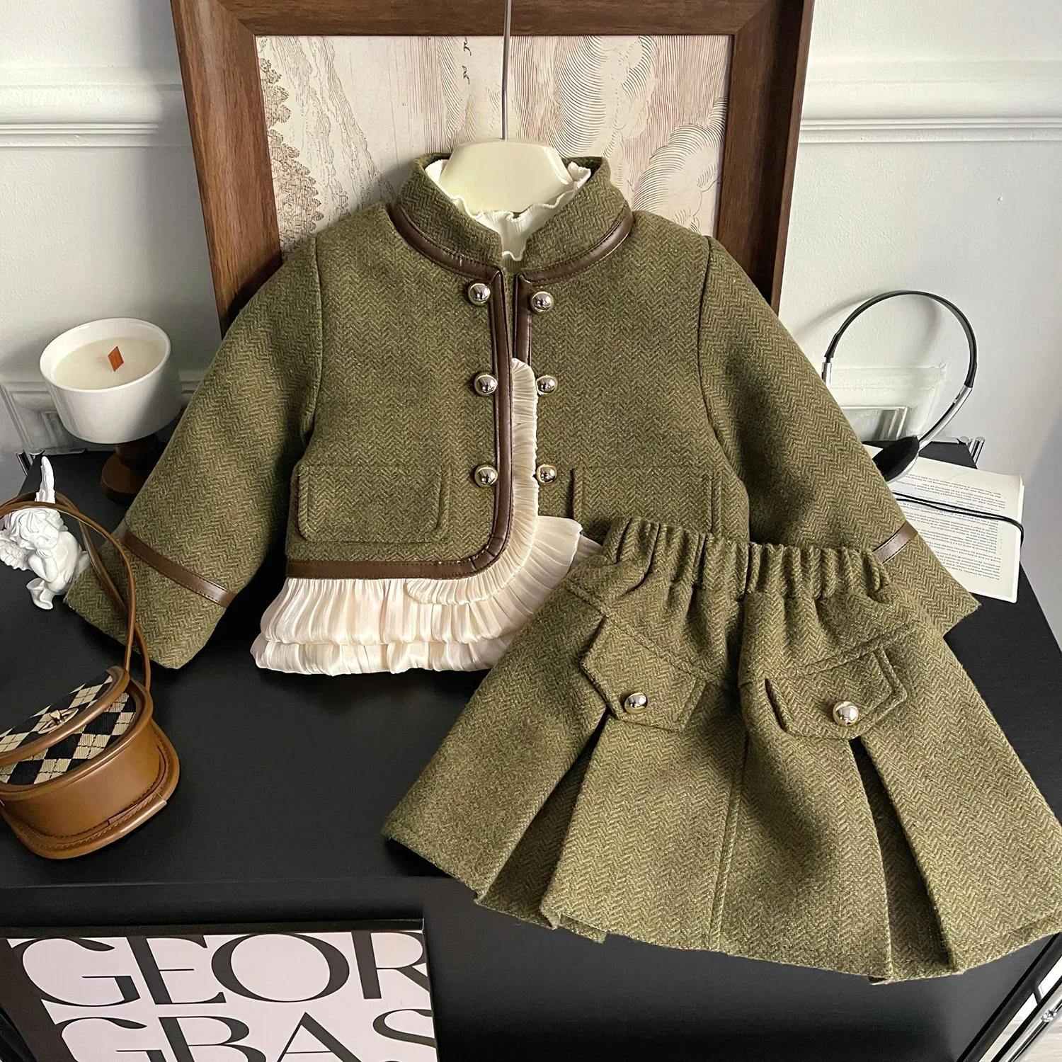 Ensembles de vêtements pour enfants, petit manteau à manches longues en dentelle parfumée + jupe plissée, vêtements Boutique pour enfants, ensemble de tenues pour bébés filles