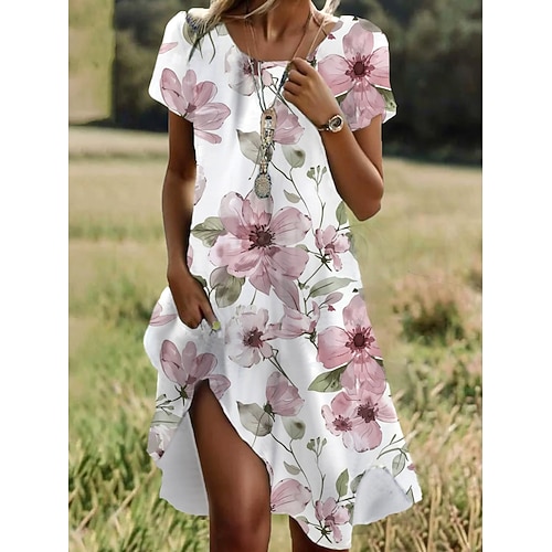 Womens Mini Kleid A Linie Kleid Lässiges Kleid T Shirt Kleid Tee Kleid Strandkleid Stylisch Lässig Urlaub Lässig Täglich Reguläre Passform Floral Grafik Kurze Ärmel Rundhalsausschnitt Hellrosa Sommer