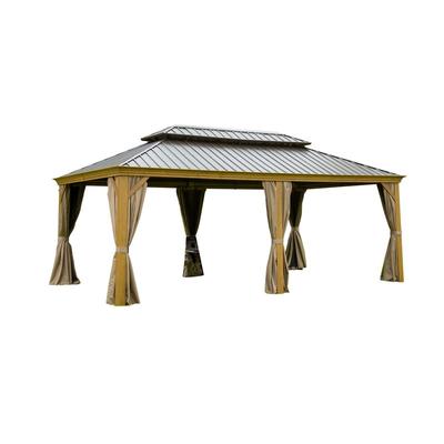 12'x20' Hardtop Gazebo Outdoor Aluminum Wood Grain Gazebos with Galvanized Steel Double Canopy