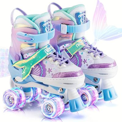 TEMU Mermaid 4 Size Adjustable Light-up Roller Skates For Girls. Purple And Blue Skates For Toddlers. Beginner Kids Roller Skates For Indoor And Outdoor