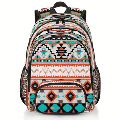 TEMU Vibrant Geometric Pattern Backpack - , Lightweight & Large Capacity, Orange/black/teal Design, Multi-functional For Work, School, Travel, Backpack For School