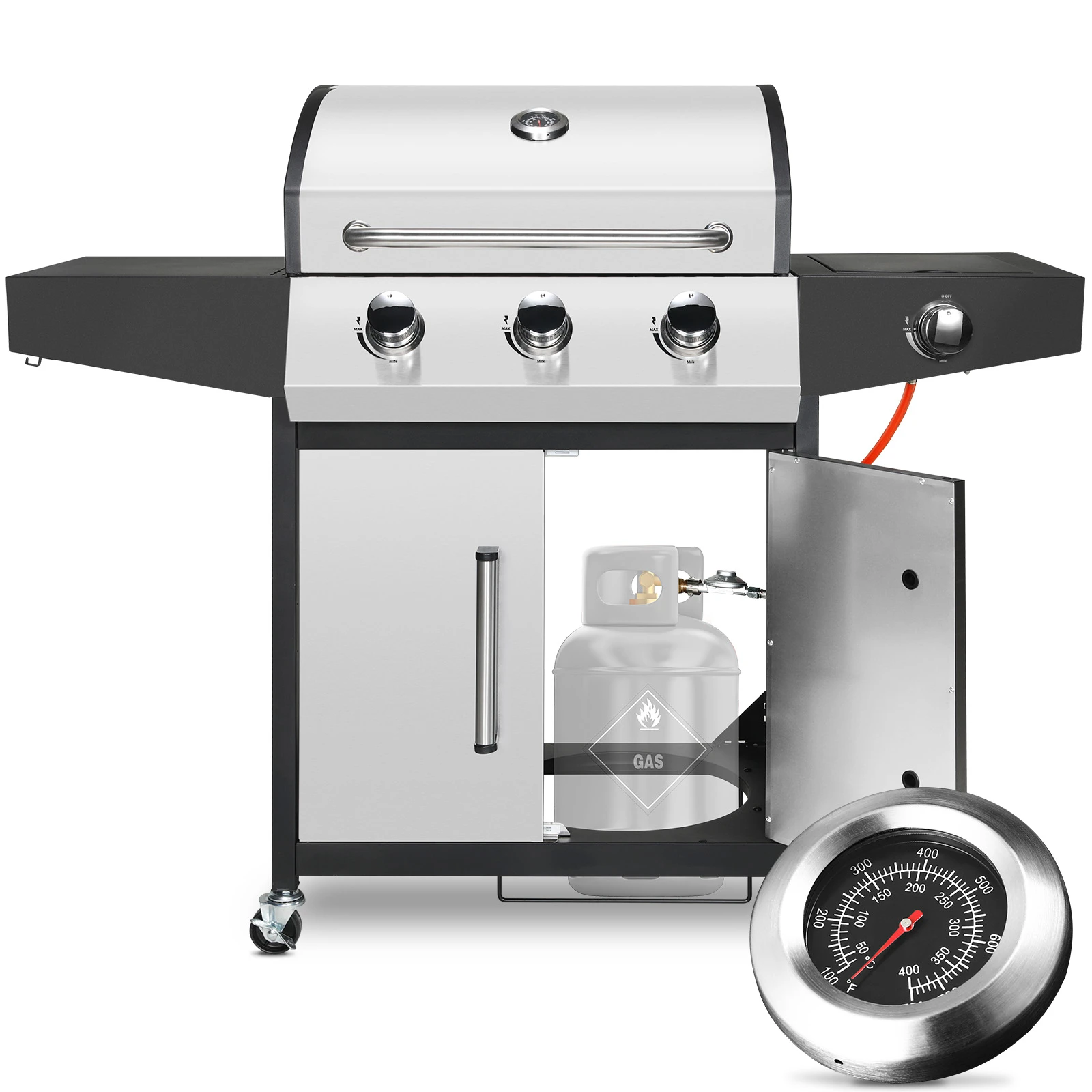 3+1 Brenner BBQ Propangasgrill, 24.000 BTU Edelstahl mit Herd und Beistelltisch, Grill im Gasherdwagen-Stil