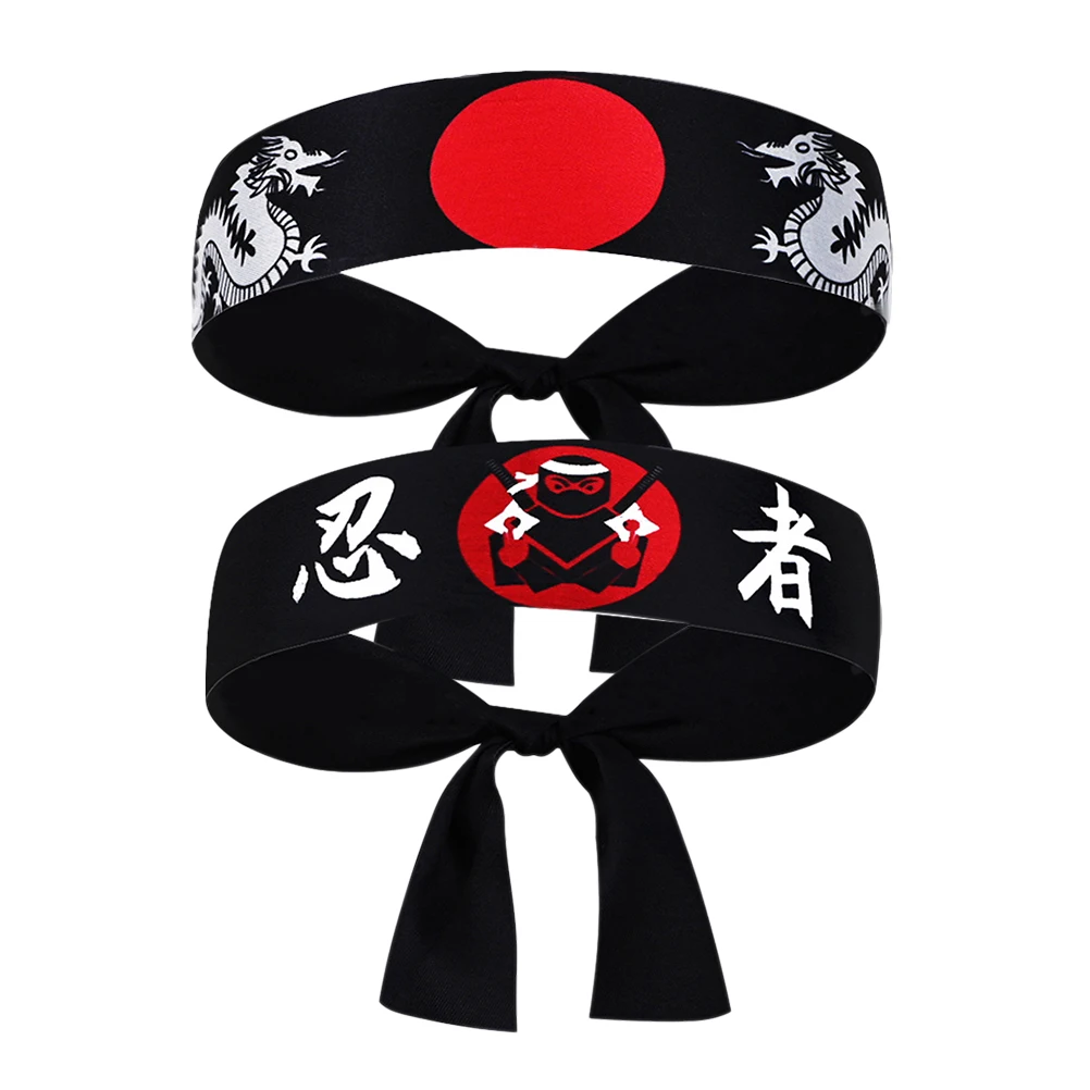 2-teiliges Stirnband, Stirnband, Ninja-Aufdruck, Sushi-Koch-Kostüm, japanisches Kochen, japanischer Stil, Küche, Karate, Sport, Geschenk für Männer und Frauen Image