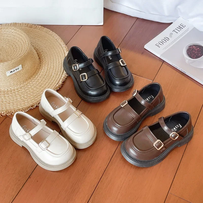 Kinder Lederschuhe einfarbig kausale schwarze Schuhe für Mädchen Schule vielseitige Kinder Mode Uniform flache Schuhe weichen Boden