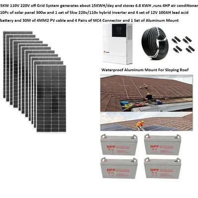 Solarpanel-Kit, komplett, 5000 W, 220 V, 110 V, Solar-Off-Grid-System, Batterie, Hybrid-Inverter-Montage, 4 PS, Klimaanlage, Warmwasserbereiter