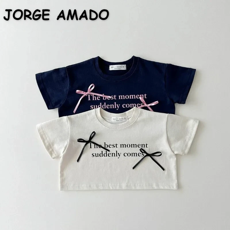 Koreanischen Stil Sommer Baby Mädchen T-shirt Weiß Dunkelblau Bogen Runde Kragen Kurzarm T-stücke Kinder Casual Atmungsaktive Kleidung A24154 Image