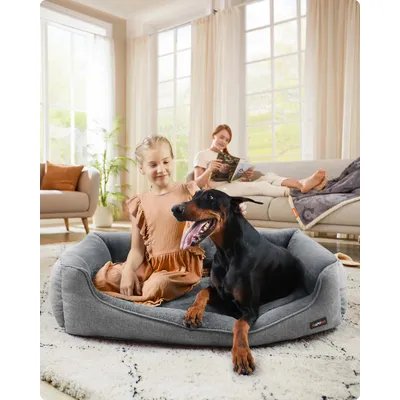 Feandrea Dog Bed, Linen-Look Pet Bed, Dog Sofa Bed with Raised Edges, Non-Slip Bottom, Removable Washable Cover, XXL