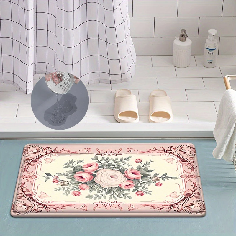 Tapis de bain imprimé Rose douce, Super absorbant, décor de sol de salle de bain, Diatomite, antidérapant, facile à nettoyer, pour salle de bain, entrée