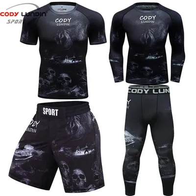 New Skull Boxing Rashguard For Men MMA Shorts Jiu Jitsu T-shirt+Pants Sportsuits Muay thai