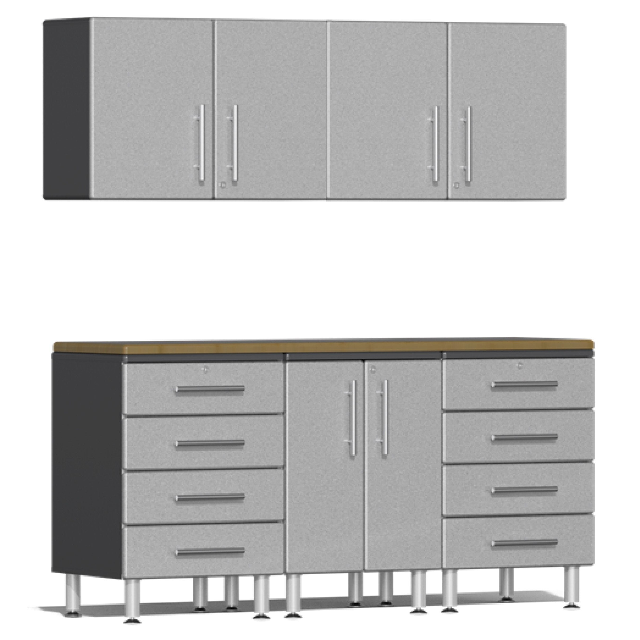 Ulti-MATE Garage Workbench With Drawers, 6-Piece With 2X Extra-Wide Garage Wall Cabinets, Stardust Silver