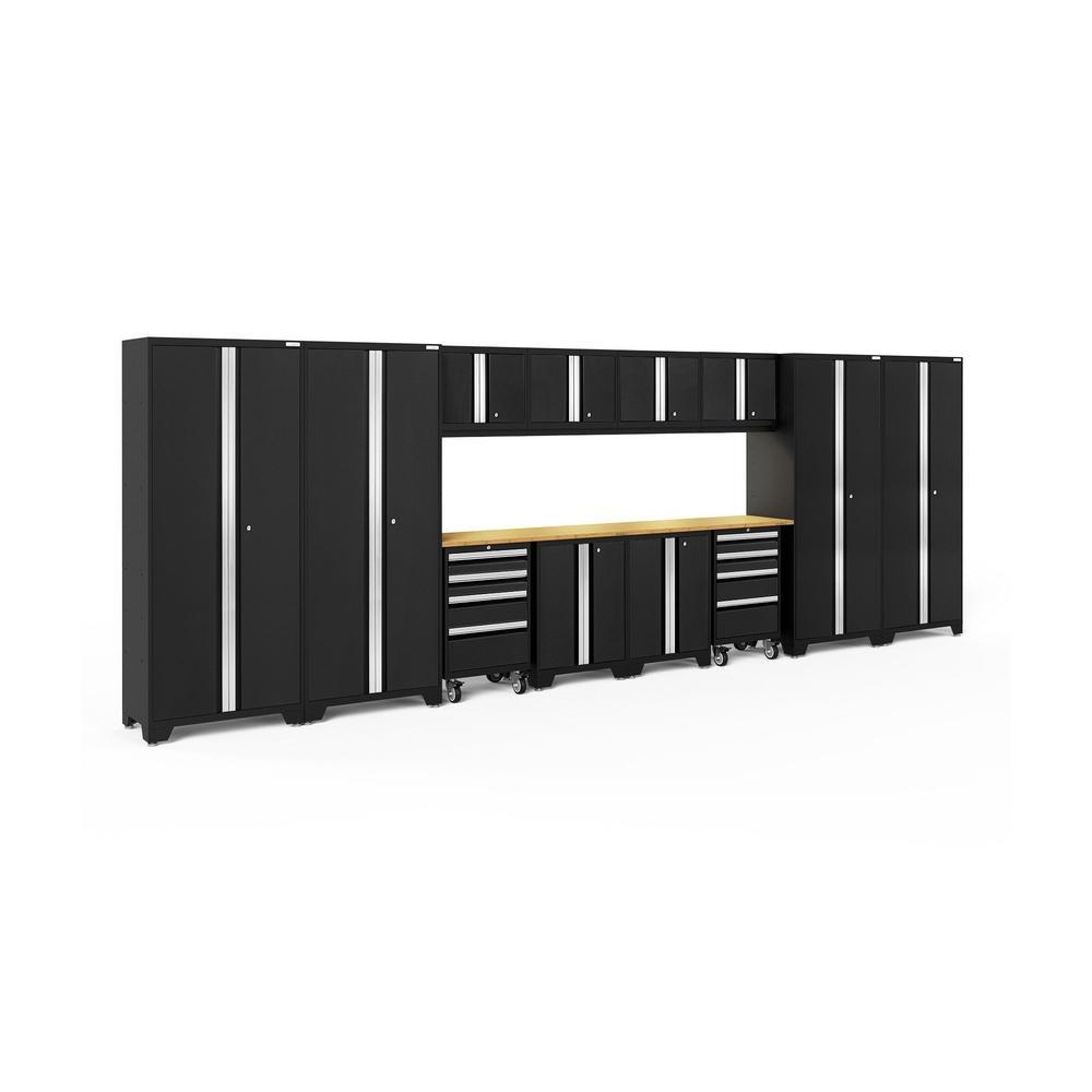 Newage Products Bold 3.0 Series 14-Piece Garage Cabinet Set With 4X Multi-Use Lockers, Black / Bamboo Worktop / LED Lights