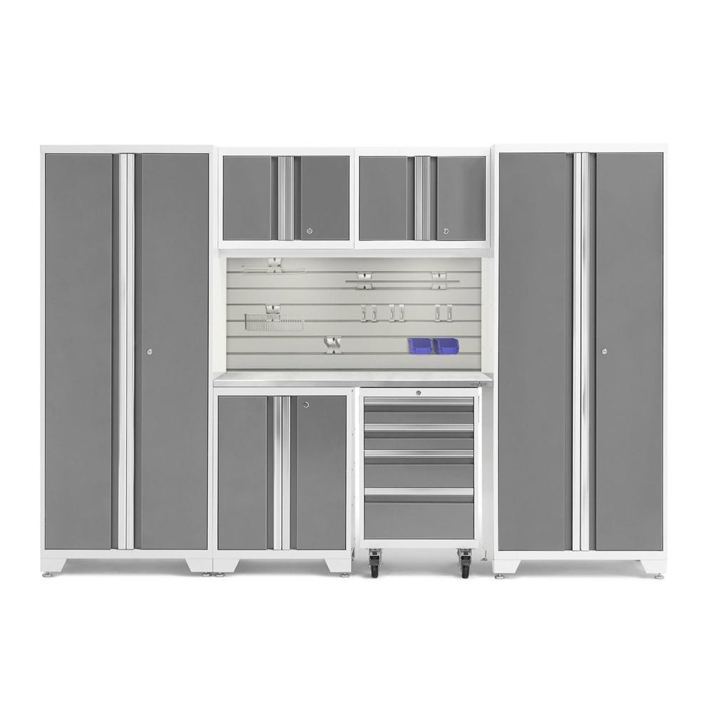 Newage Products Bold 3.0 Series 7-Piece Garage Cabinet Set, Platinum / Stainless Steel Worktop / LED Lights + Slatwall Backsplash + 12-Piece Hook Kit