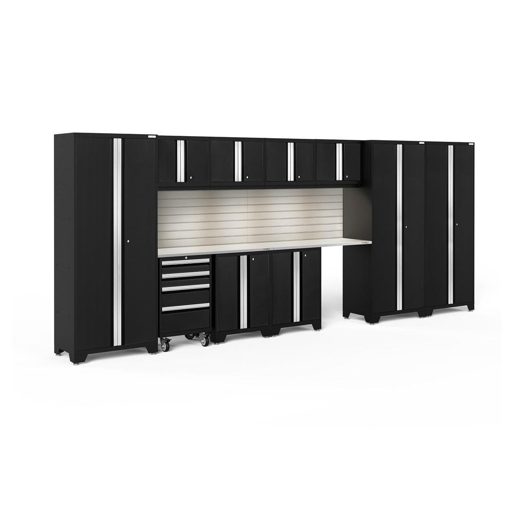 Newage Products Bold 3.0 Series 12-Piece Garage Cabinet Set With 3X Multi-Use Lockers, Black / Stainless Steel Worktop / LED Lights + Slatwall Backsplash