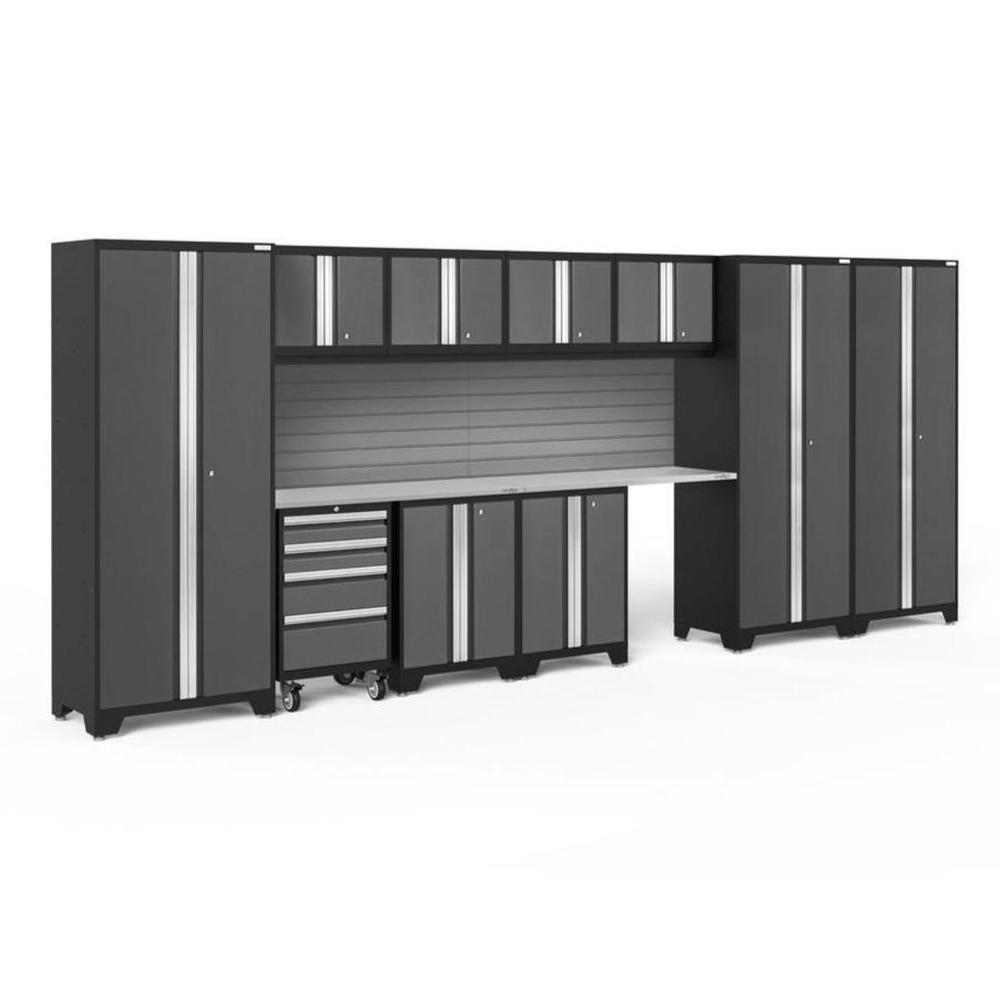 Newage Products Bold 3.0 Series 12-Piece Garage Cabinet Set With 3X Multi-Use Lockers, Grey / Stainless Steel Worktop / Slatwall Backsplash