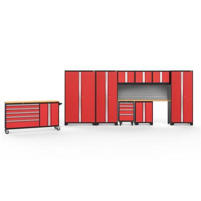 Newage Products Bold 3.0 Series 10-Piece Garage Cabinet Set With Project Center, Red / Bamboo Worktop / Slatwall Backsplash