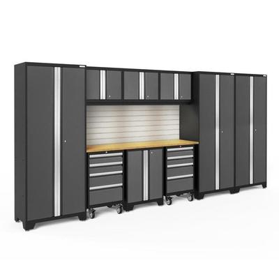 Newage Products Bold 3.0 Series 10-Piece Garage Cabinet Set, Grey / Bamboo Worktop / LED Lights + Slatwall Backsplash
