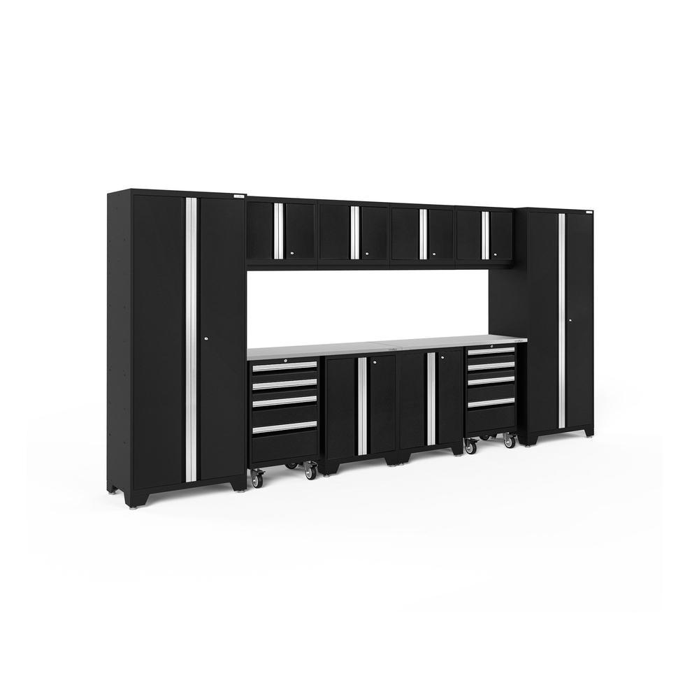 Newage Products Bold 3.0 Series 12-Piece Garage Cabinet Set With 2X Rolling Tool Cabinets, Black / Stainless Steel Worktop / None