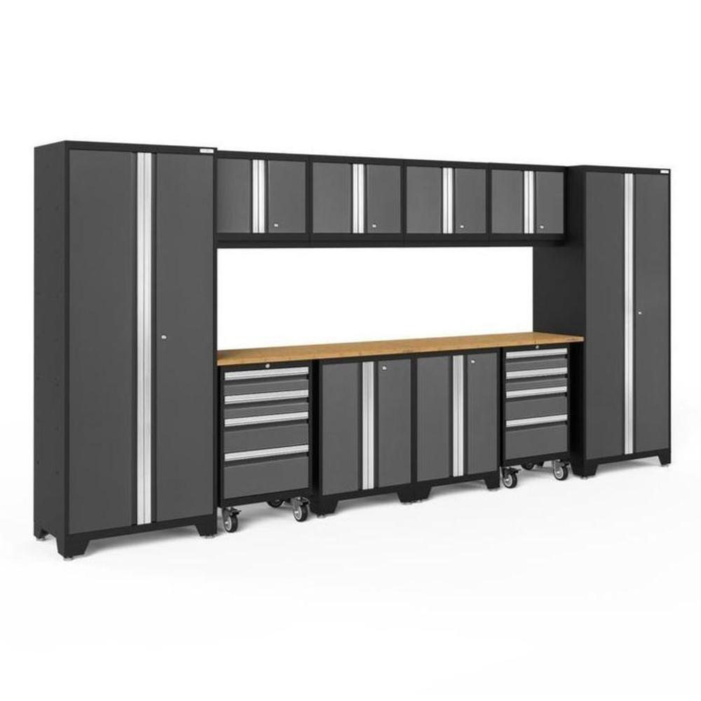 Newage Products Bold 3.0 Series 12-Piece Garage Cabinet Set With 2X Rolling Tool Cabinets, Grey / Bamboo Worktop / None