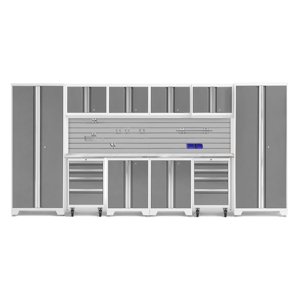 Newage Products Bold 3.0 Series 12-Piece Garage Cabinet Set With 2X Rolling Tool Cabinets, Platinum / Stainless Steel Worktop / Slatwall Backsplash + 12-Piece Hook Kit