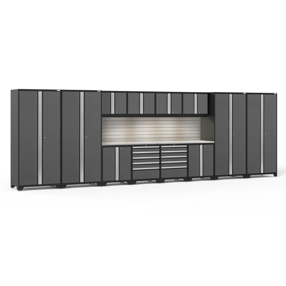 Newage Products Pro 3.0 Series 14-Piece Garage Cabinet Set, Grey / Stainless Steel Worktop / LED Lights + Slatwall Backsplash
