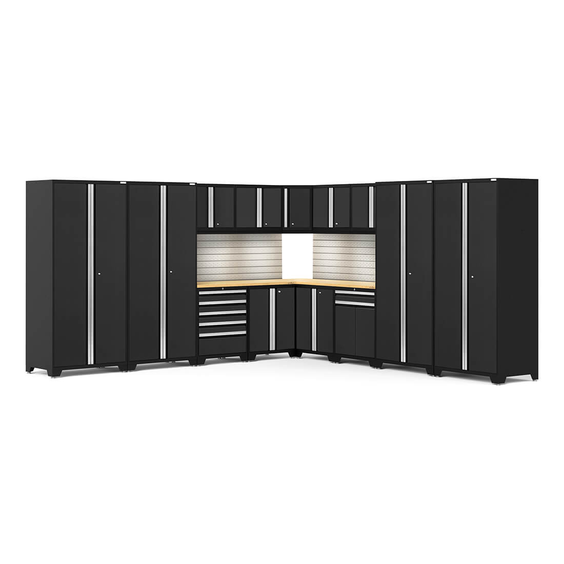 Newage Products Pro 3.0 Series 16-Piece Garage Cabinet Corner Set, Black / Bamboo Worktop / LED Lights + Slatwall Backsplash