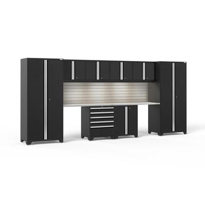 Newage Products Pro 3.0 Series 10-Piece Garage Cabinet Set With 2-Door Base Cabinet, Black / Stainless Steel Worktop / LED Lights + Slatwall Backsplash