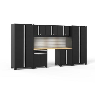 Newage Products Pro 3.0 Series 8-Piece Garage Cabinet Set With Multi-Function Cabinet, Black / Bamboo Worktop / LED Lights + Slatwall Backsplash