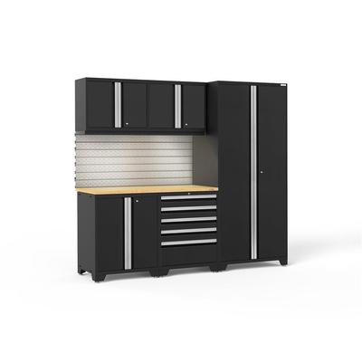 Newage Products Pro 3.0 Series 6-Piece Garage Cabinet Set, Black / Bamboo Worktop / LED Lights + Slatwall Backsplash
