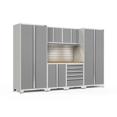 Newage Products Pro 3.0 Series 7-Piece Garage Cabinet Set, Platinum / Bamboo Worktop / LED Lights + Slatwall Backsplash