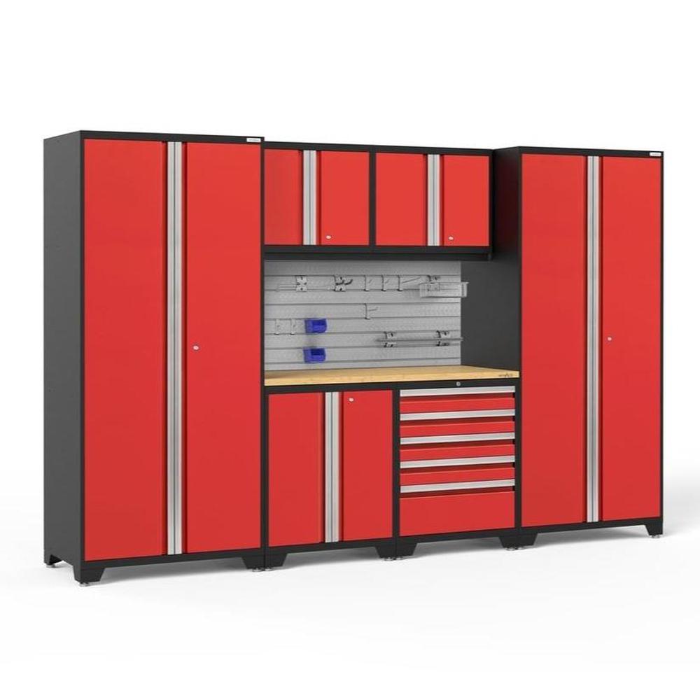 Newage Products Pro 3.0 Series 7-Piece Garage Cabinet Set, Red / Bamboo Worktop / Slatwall Backsplash + 12-Piece Hook Kit