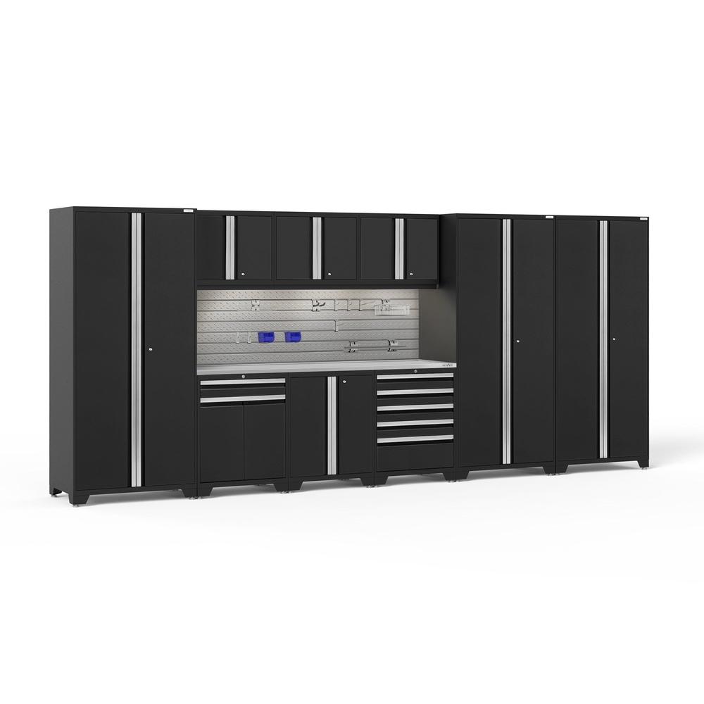 Newage Products Pro 3.0 Series 10-Piece Garage Cabinet Set With 3X Multi-Use Lockers, Black / Stainless Steel Worktop / LED Lights + Slatwall Backsplash + 12-Piece Hook Kit