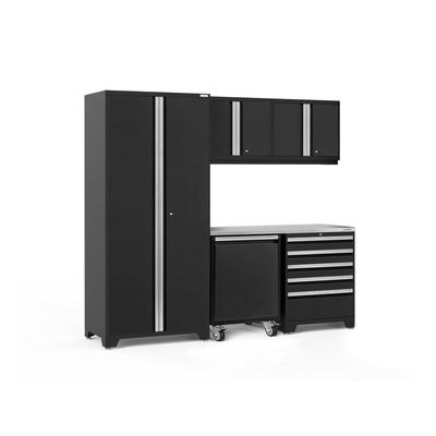 Newage Products Pro 3.0 Series 6-Piece Garage Cabinet Set With Utility Cart, Black / Stainless Steel Worktop
